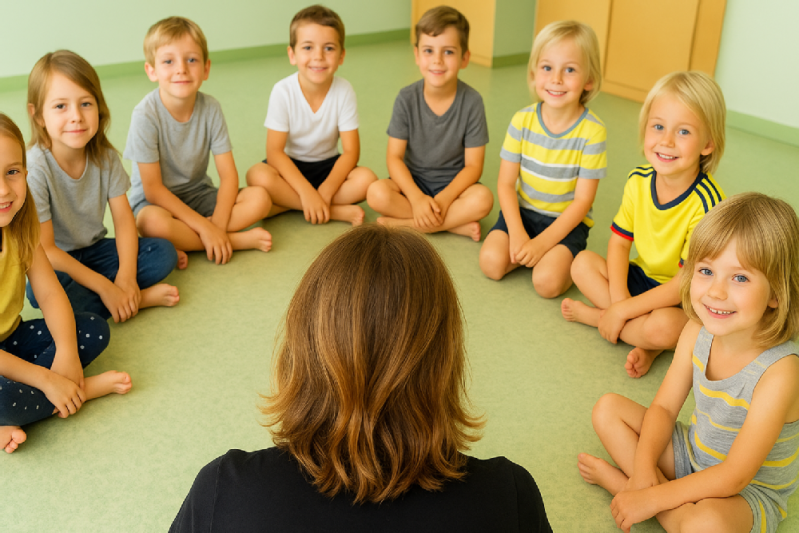 Eine Frau sitzt mit mehreren Kindegartenkindern im Kreis