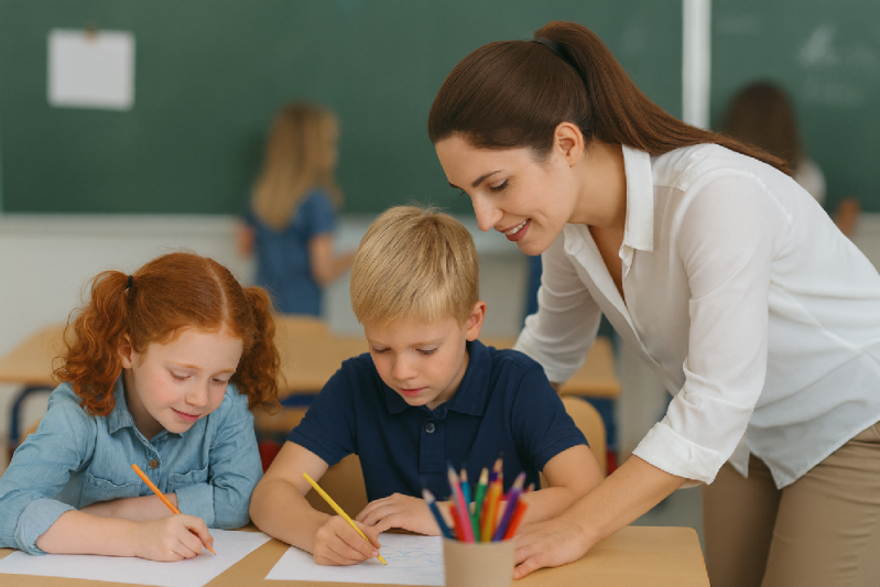 Schulkinder am Tisch mit einer Lehrerin